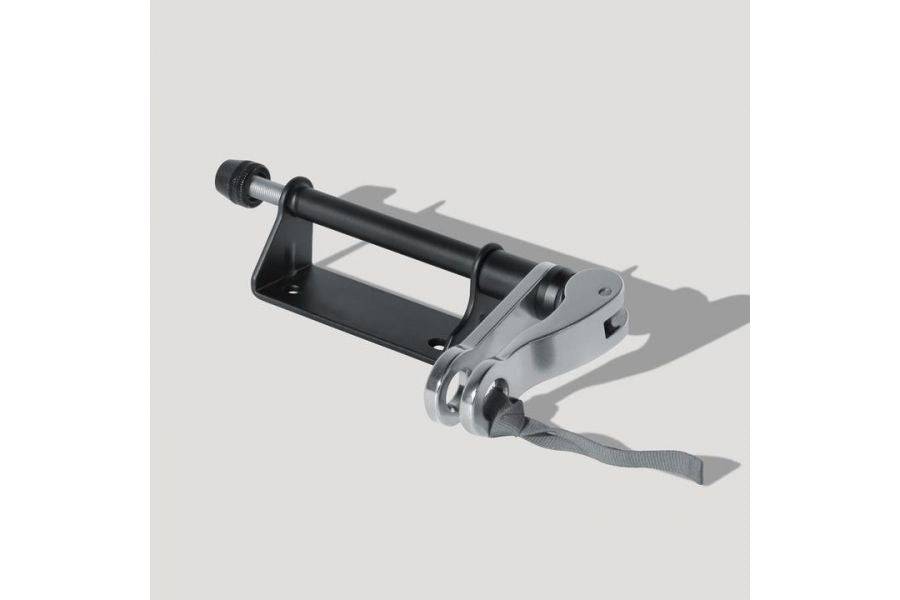 Delta Bike Hitch Pro front fork mount in black and silver with patented locking lever, designed for secure bike rack attachment.
