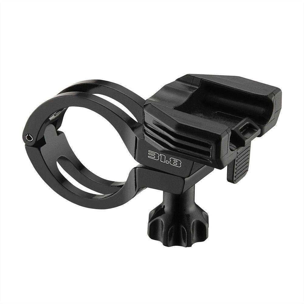 Lezyne 31.8mm aluminium handlebar mount for securing bike accessories, shown attached to a bicycle handlebar.