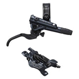 Shimano SLX hydraulic disc brake lever and post mount caliper, black metal components for mountain bike braking system.