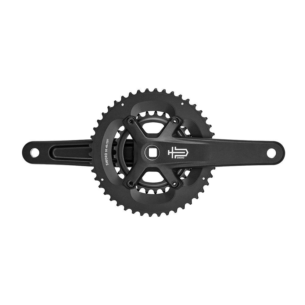 MicroSHIFT Sword Black 2x crankset for square taper bottom bracket, 9-speed compatible, featuring black finish and 46/29 chainrings.