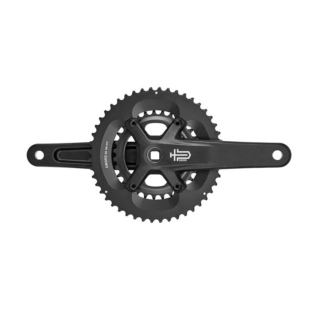 MicroSHIFT Sword Black 2x crankset for 9-speed bikes with square taper bottom bracket, featuring black finish and double chainrings.