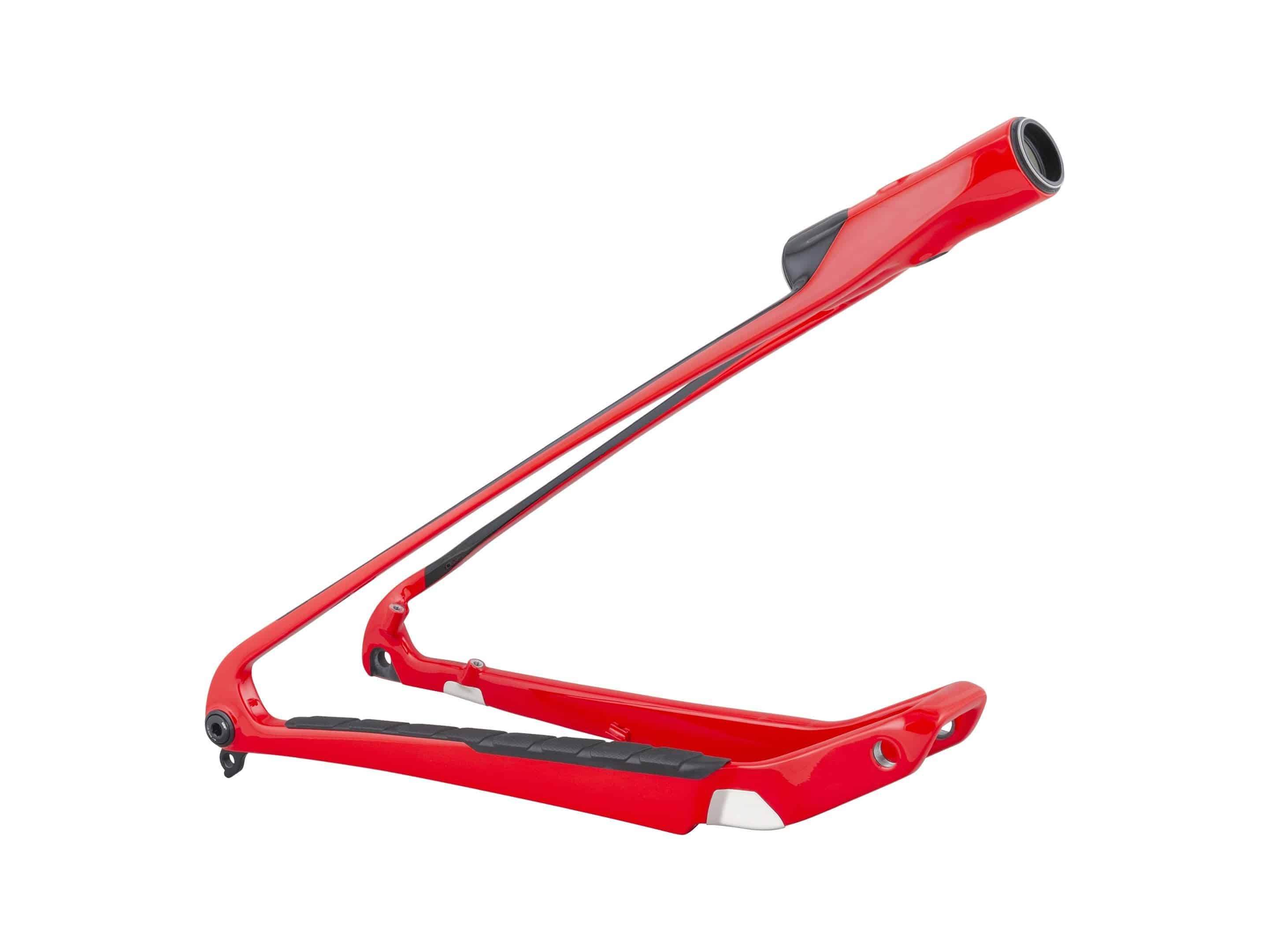 Trek Supercaliber 9.7 29 mountain bike frame in medium size with lithium and red finish, showing the component and frame details.