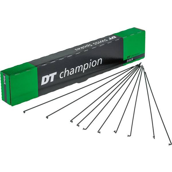 Black DT Swiss Champion Box 100 stainless steel bike spokes arranged in a bundle, showcasing durable cycling component parts.