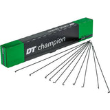 Black DT Swiss Champion Box 100 stainless steel bike spokes arranged in a bundle, showcasing durable cycling component parts.
