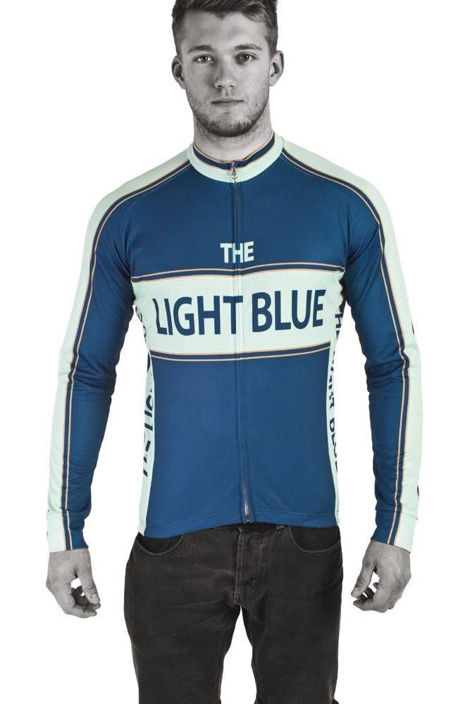 Light Blue Sport classic long sleeve cycling jersey with training and running features, made of breathable fabric for active wear.