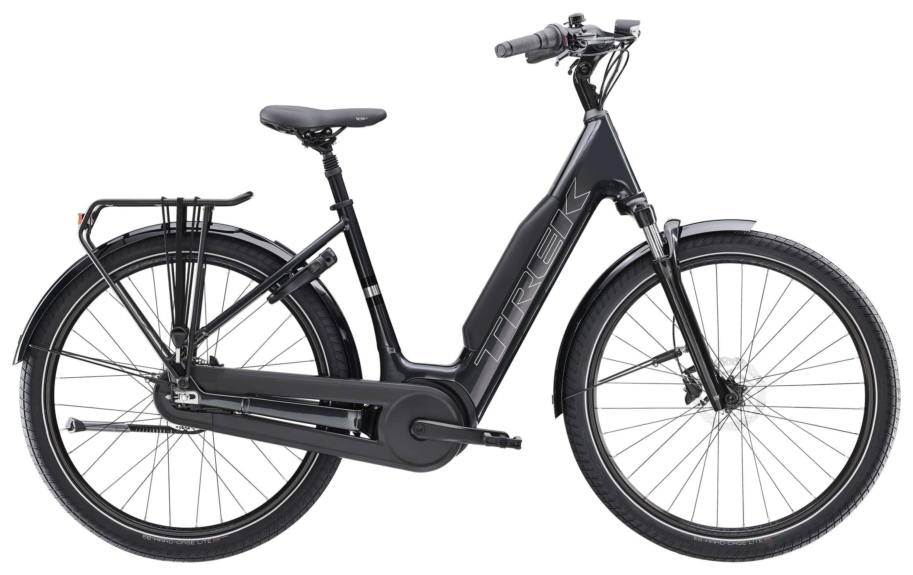 Trek District+ 3 Lowstep e-hybrid bike for urban commuting and light trails, featuring a step-through frame and electric assist system.