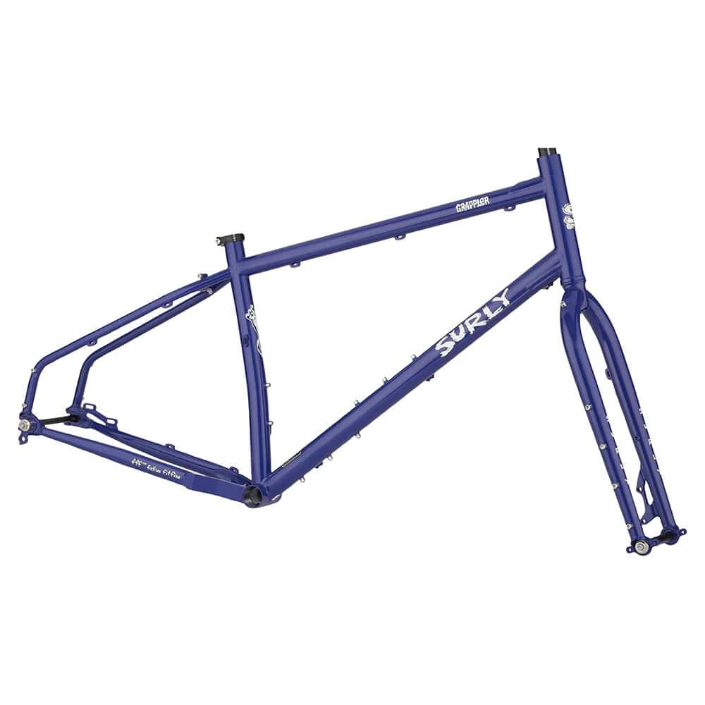 Blue Surly Grappler frameset for drop bar trail bike, wide tire compatible, featuring durable bike frame components.