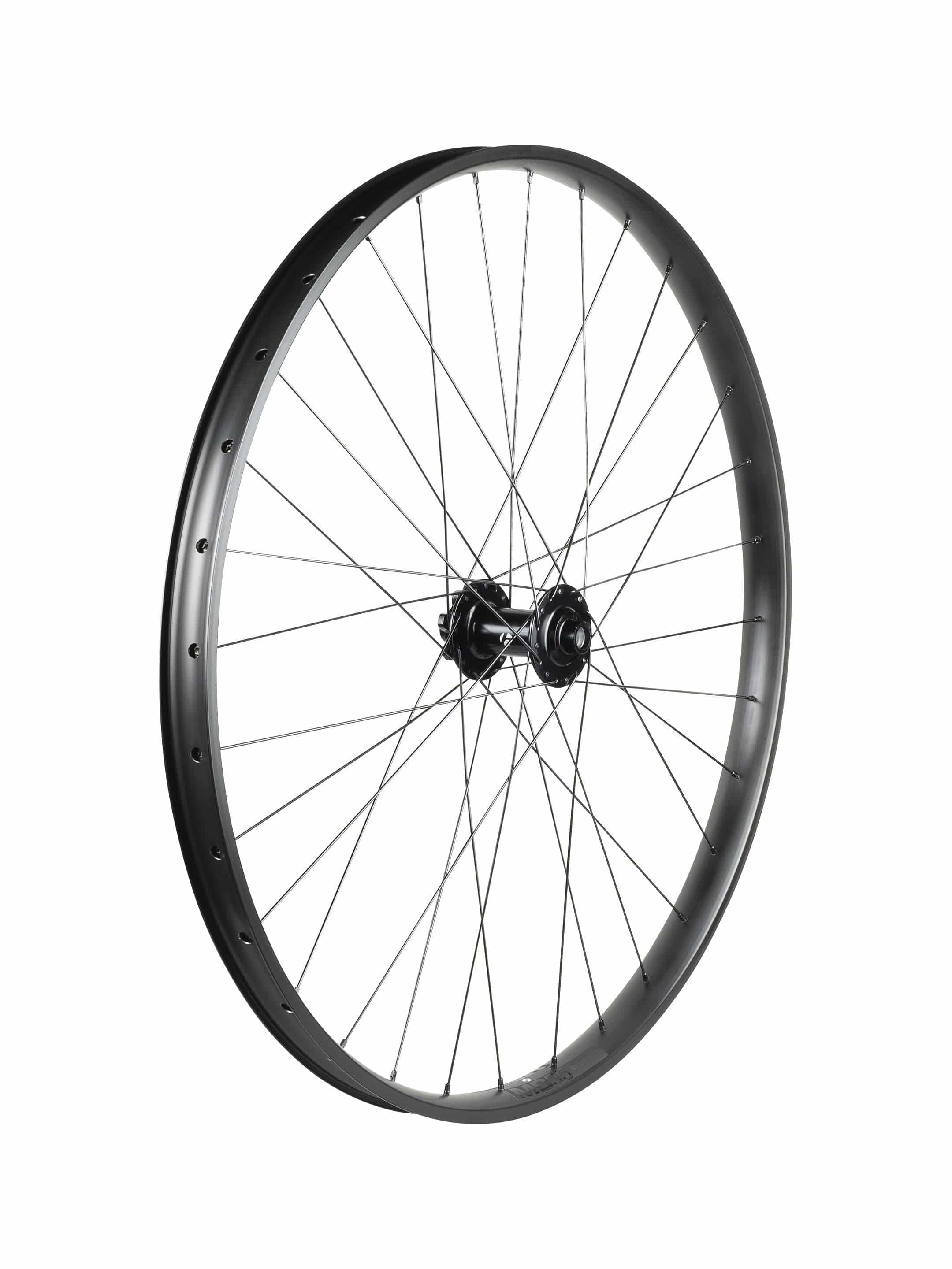 Trek Alex MD35 Boost 29-inch mountain bike front wheel in black and dark grey with disc brake compatibility.