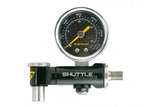 Topeak Shuttle Gauge with Bag in black showing a 300psi mini pressure gauge for Presta and Schrader bike valves