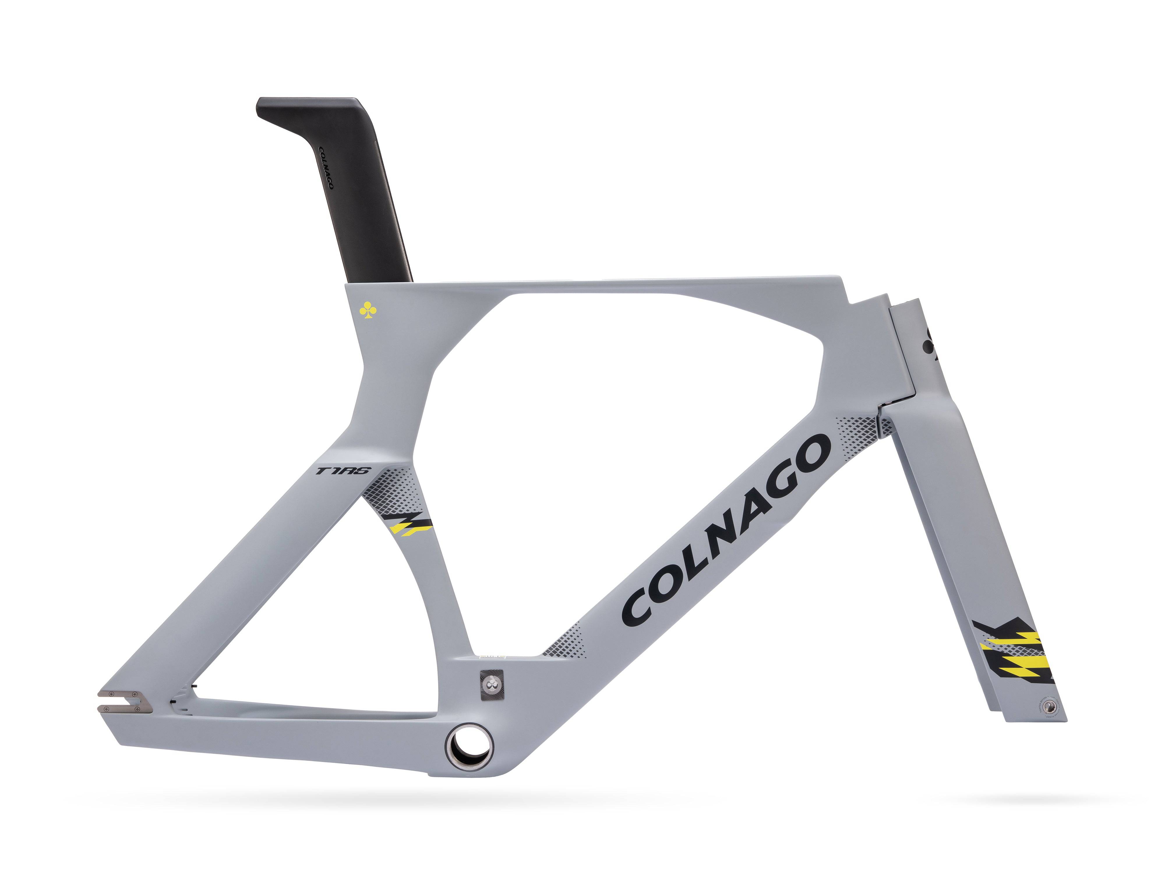 Colnago 2025 T1Rs carbon track frameset for high-performance cycling, shown in a studio setting with sleek frame details.