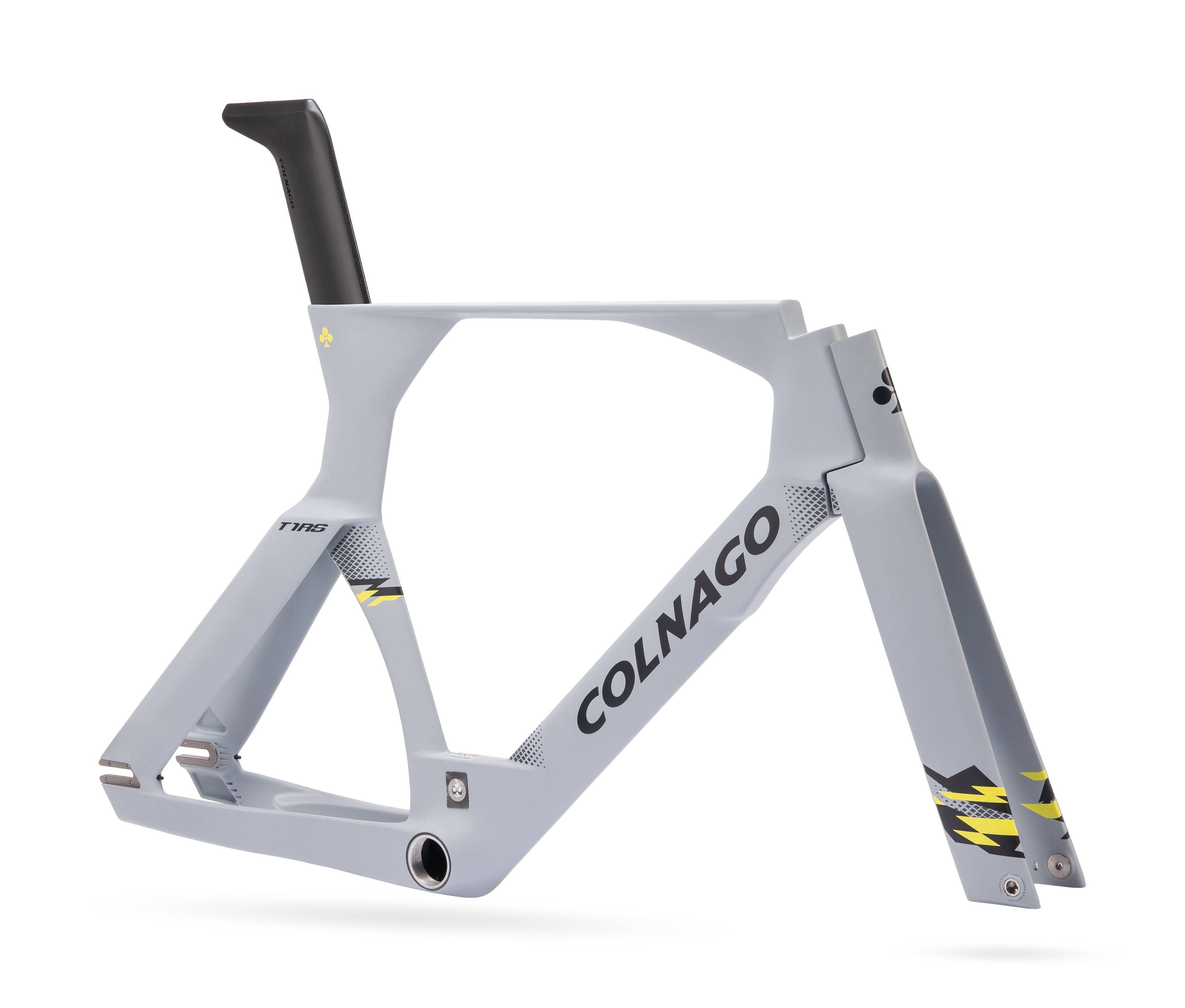 Colnago 2025 T1Rs carbon track frameset for high-performance cycling, shown in a studio setting with sleek, aerodynamic design.