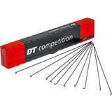 Black DT Swiss Competition Box 100 electro-chemically treated spokes for bicycle wheels, showing the sleek, durable component design.