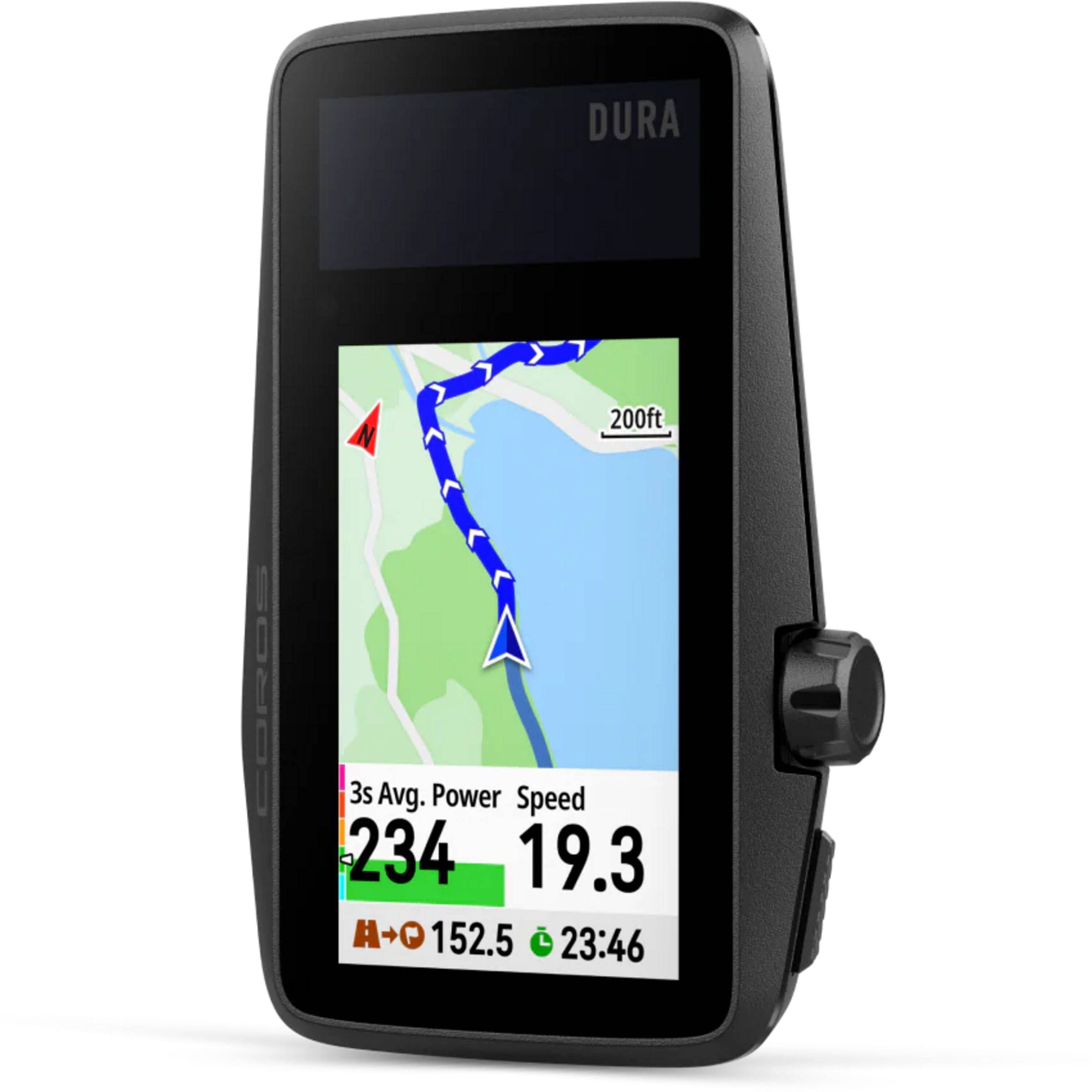 Coros DURA Solar GPS bike computer with 120-hour battery life, dual-frequency GPS and navigation display, accessory for cycling.