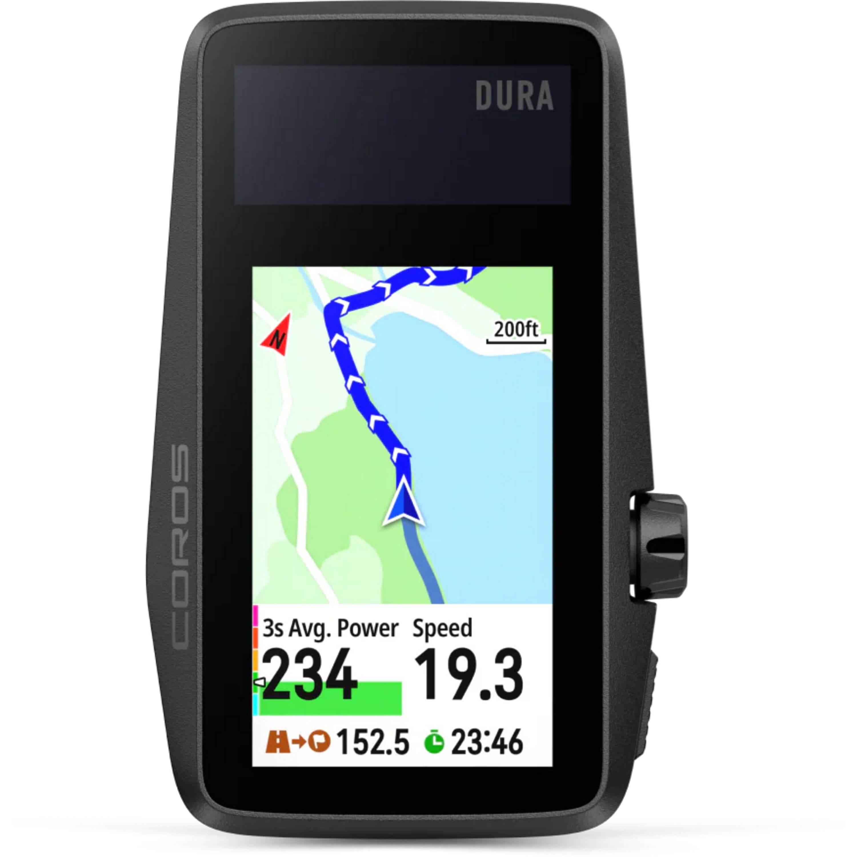 Coros DURA Solar GPS bike computer with dual-frequency GPS, 120-hour battery life, and navigation accessories.