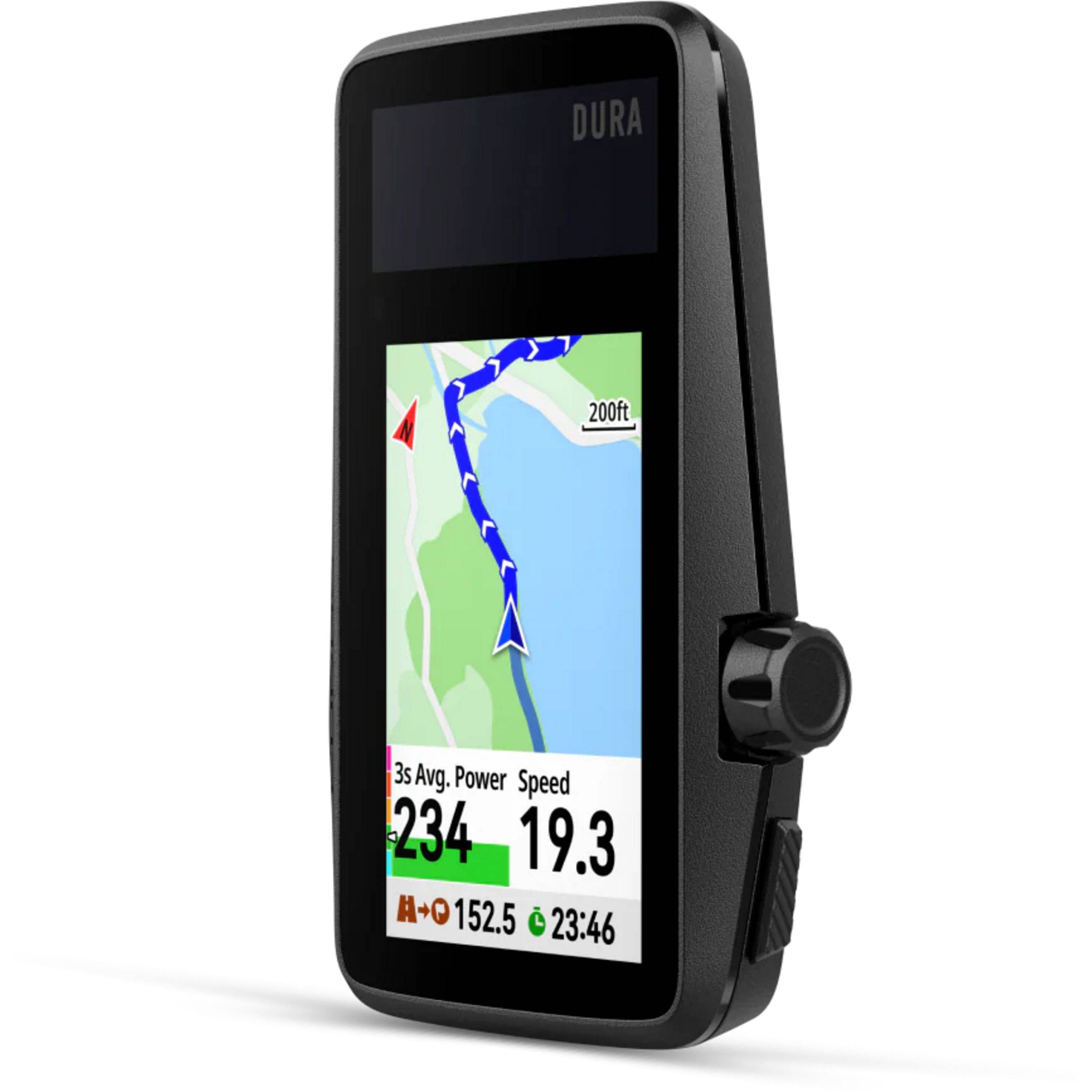 Coros DURA Solar GPS bike computer with dual-frequency GPS, navigation, and 120-hour battery life, shown with screen and mounting accessories.
