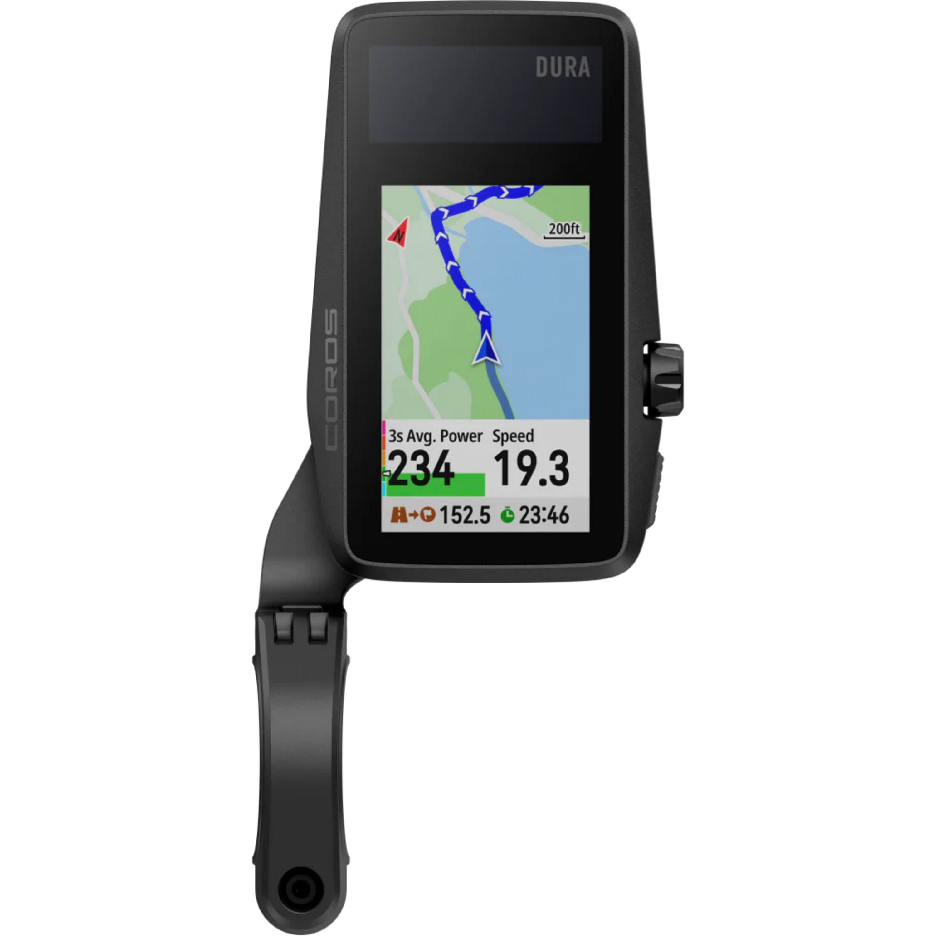 Coros DURA Solar GPS bike computer with 120-hour battery, dual-frequency GPS, and navigation features, shown in black with screen display.
