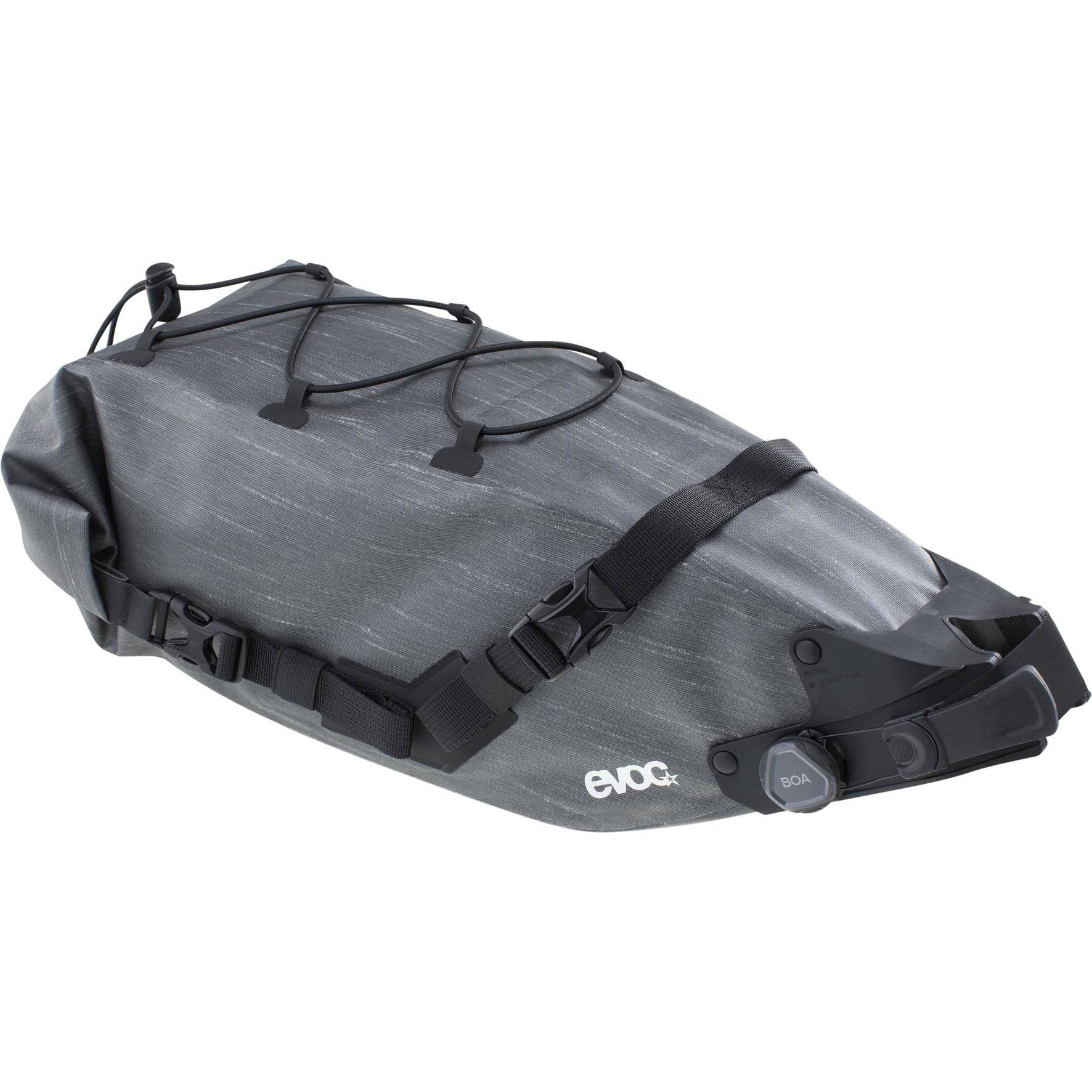 EVOC waterproof bike saddle bag with BOA Fit System, compact 6L seat pack for cycling accessories and storage.
