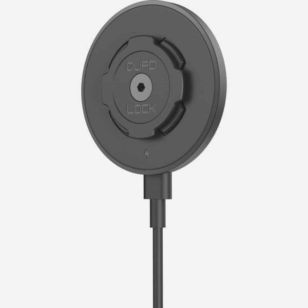 Quad Lock Wireless Charging Head V2 for car and desk mounts, fast charging accessory with sleek design and compatible with smartphones.