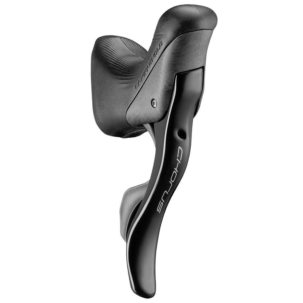 Campagnolo Chorus 12-speed hydraulic road shifters with ergos and flat mount calipers, mounted on a bike handlebar.