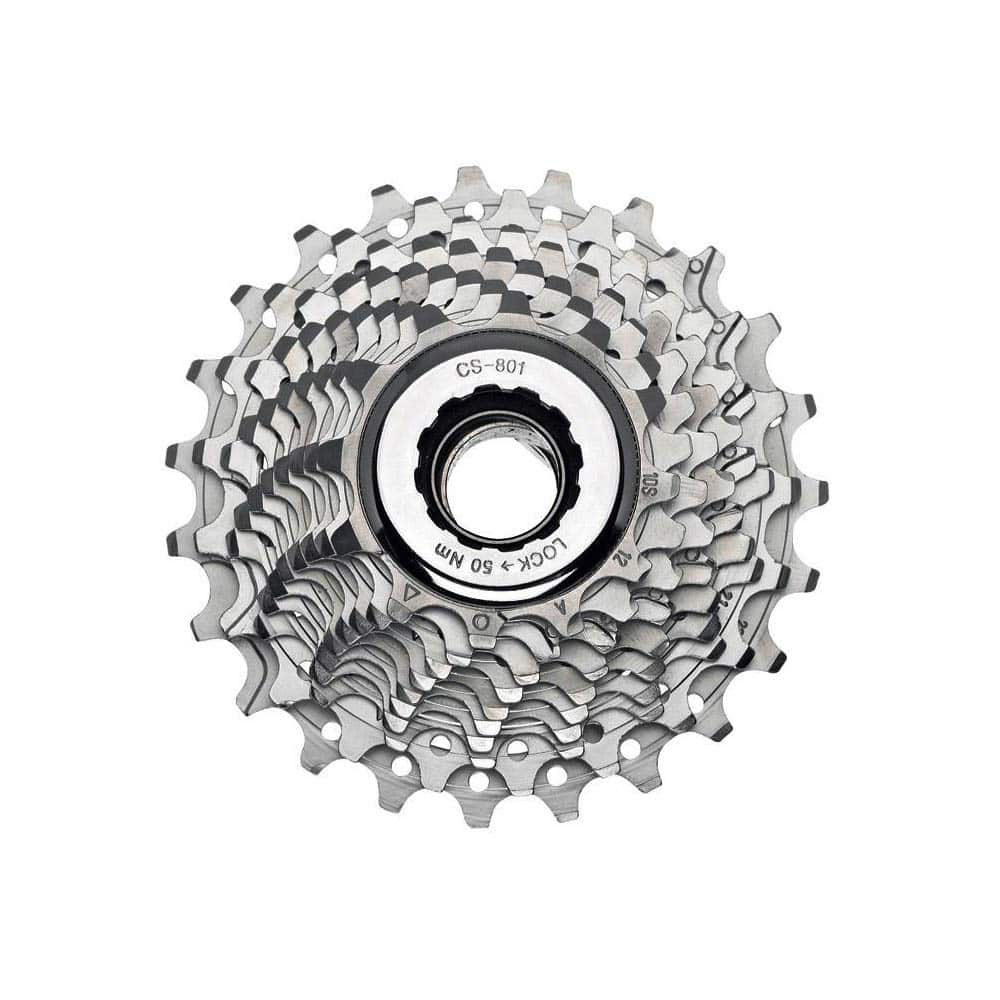 Campagnolo Veloce 10-speed cassette with lockring, showcasing shiny metal sprockets for smooth shifting on bicycle components.