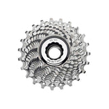 Campagnolo Veloce 10-speed cassette with lockring, showcasing shiny metal sprockets for smooth shifting on bicycle components.