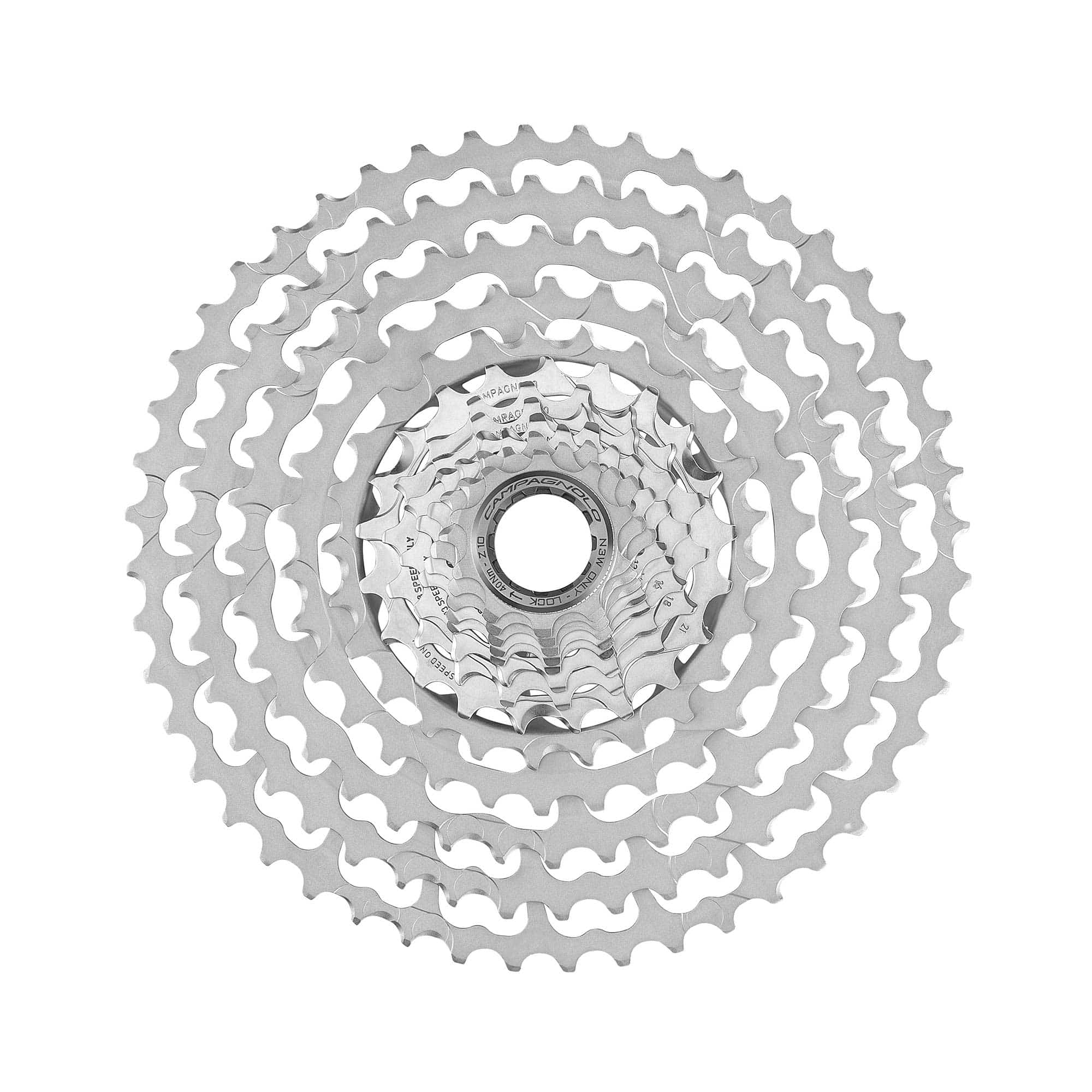 Campagnolo Ekar GT 13-speed gravel and all-road cycling cassette with 9-48T gear range, showing the metallic sprockets and brand logo.