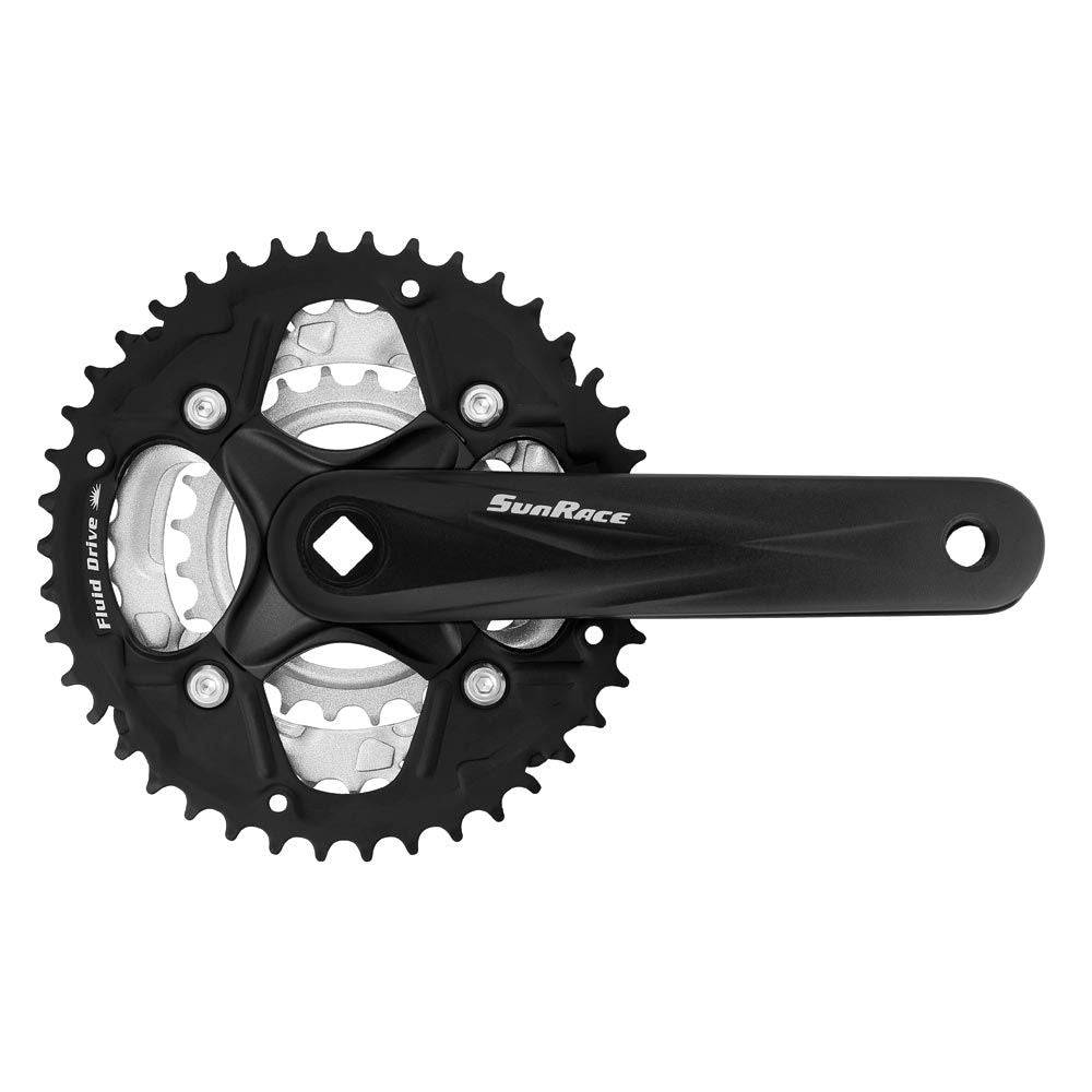 SunRace FCM500 triple crankset with 42-34-24T chainrings for MTB 3x8/7-speed drivetrain, showing the crank arms and chainrings.