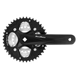 SunRace FCM500 triple crankset with 42-34-24T chainrings for MTB 3x8/7-speed drivetrain, showing the crank arms and chainrings.