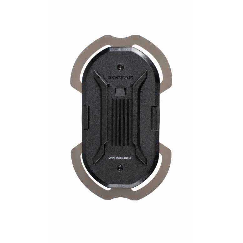 Topeak Omni Ridecase II bike phone mount with stem multi-mount, black, securely holds smartphone on bicycle handlebars.