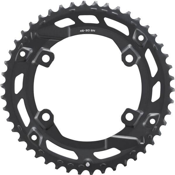 Shimano CUES FC-U6000-2 double 46T outer chainring for 10/9 speed urban bike components, shown in close-up.