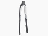 Trek 2017 Domane SL 6 road bike disc brake fork, upgrade component, black with silver accents, mounted on a bicycle frame