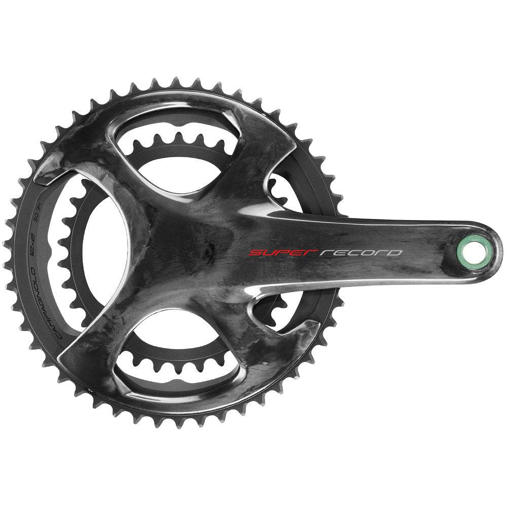 Campagnolo Super Record U-T 12x Aero Carbon crankset with 8-bolt design, showing the lightweight, aerodynamic bicycle component.