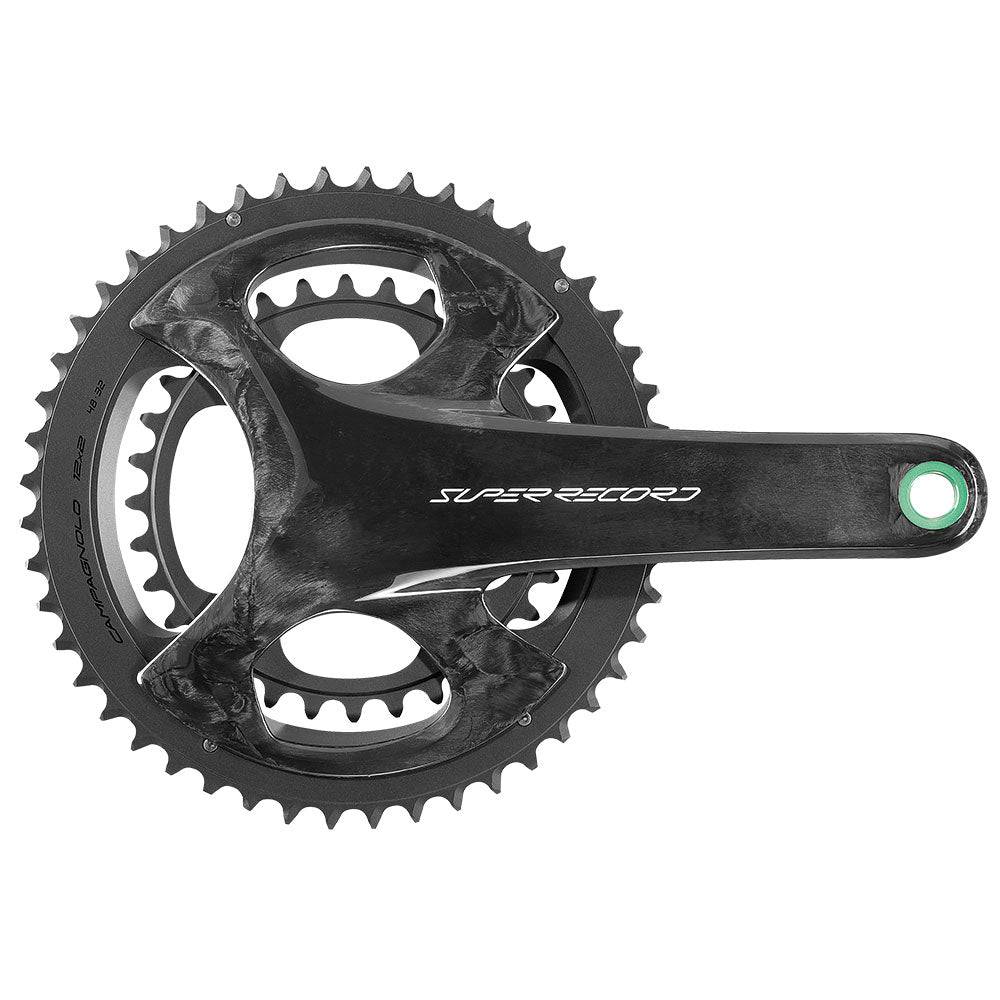 Campagnolo Super Record EPS 12-speed wireless road bike crankset with chainrings and crank arms, high-performance bicycle components.
