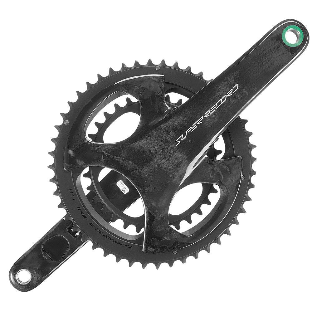 Campagnolo Super Record EPS 12-speed wireless road bike crankset with chainrings and crank arms, showcasing high-performance cycling components.