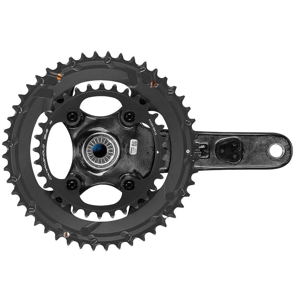 Campagnolo Super Record EPS 12-speed wireless road bike chainset cranks with sleek black finish and integrated components.