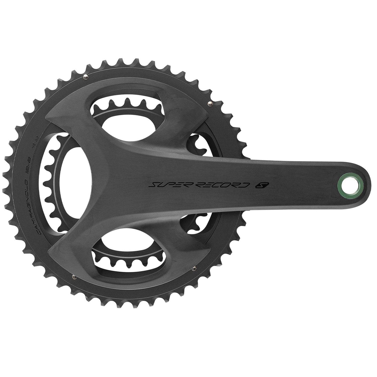 Campagnolo Super Record S Wireless 12-speed carbon road bike crankset with chainrings and crank arms, high-performance cycling components.