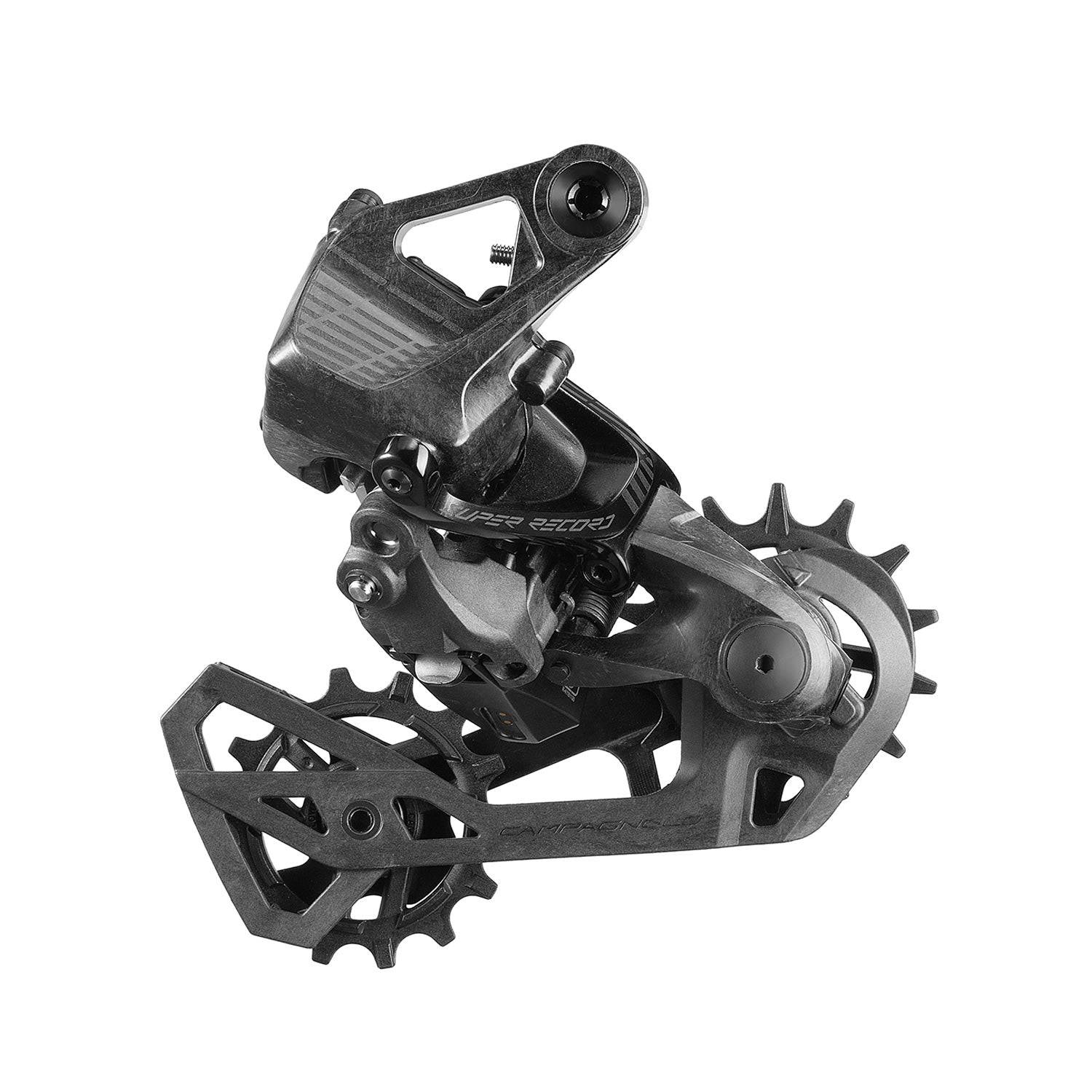 Campagnolo Super Record Wireless 13-speed rear derailleur with Nano Clutch for electronic bike components, showing the sleek design and branding.