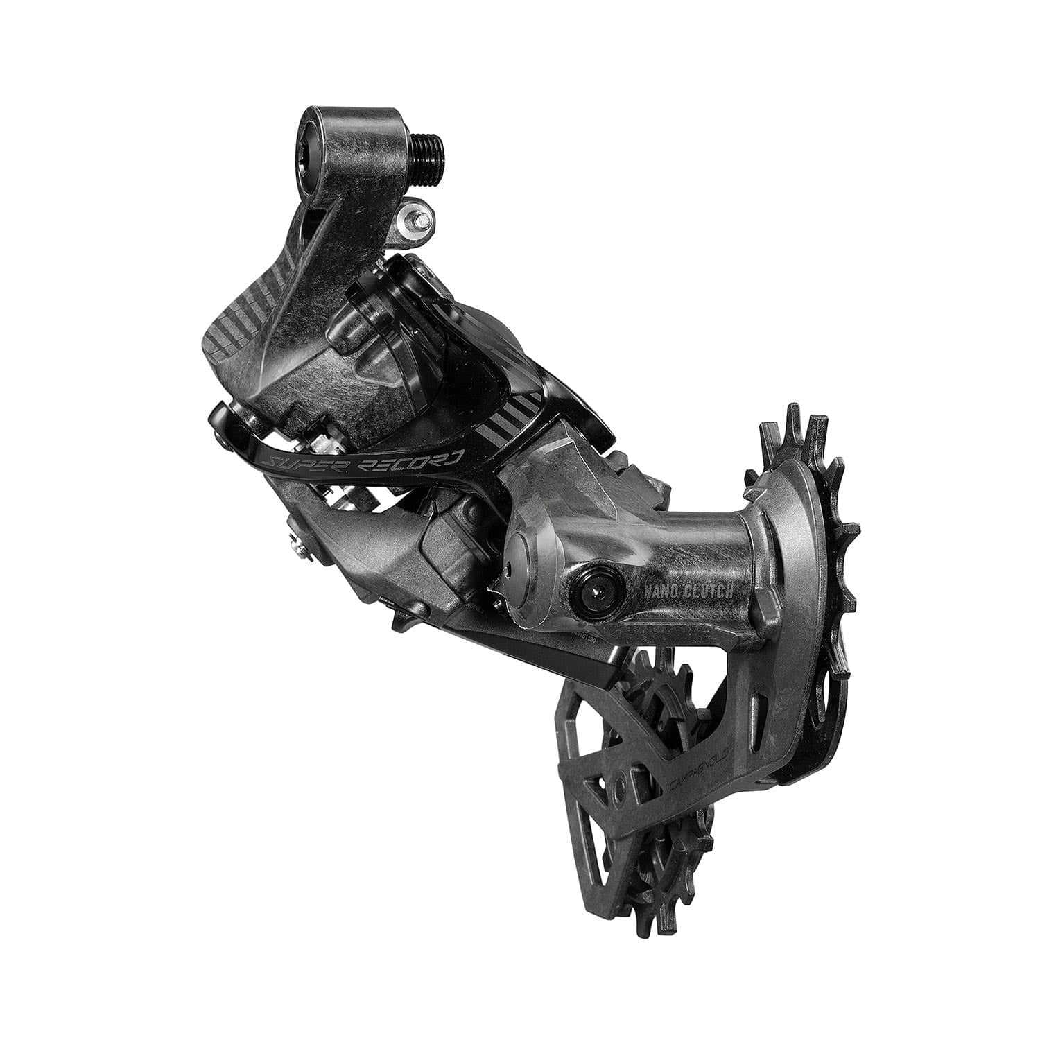 Campagnolo Super Record Wireless 13-speed rear derailleur with Nano Clutch for electronic bike shifting, mounted on a bicycle drivetrain.