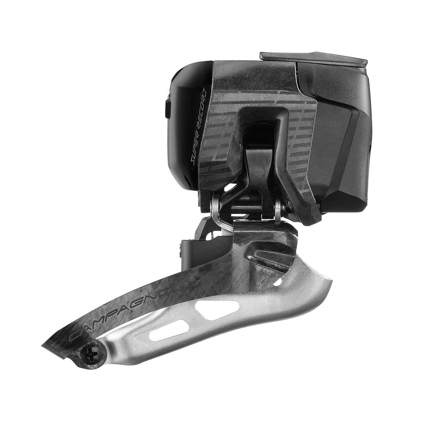 Campagnolo Super Record 13x wireless front derailleur showing sleek electronic components and precise shifting mechanism.