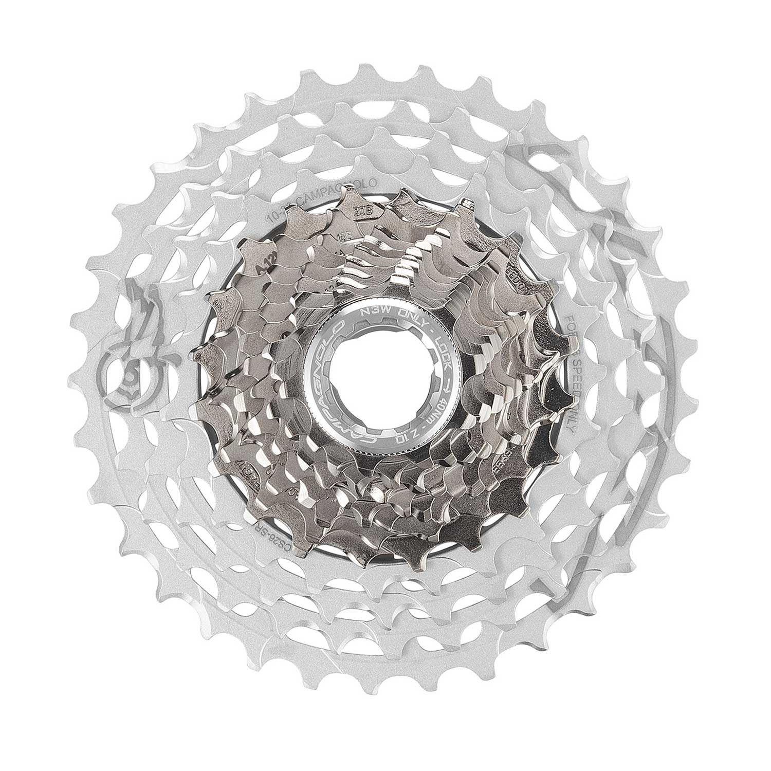 Campagnolo Super Record Ultra 13-speed cassette for high-performance cycling gear shifts, showing the metallic sprockets and branding.