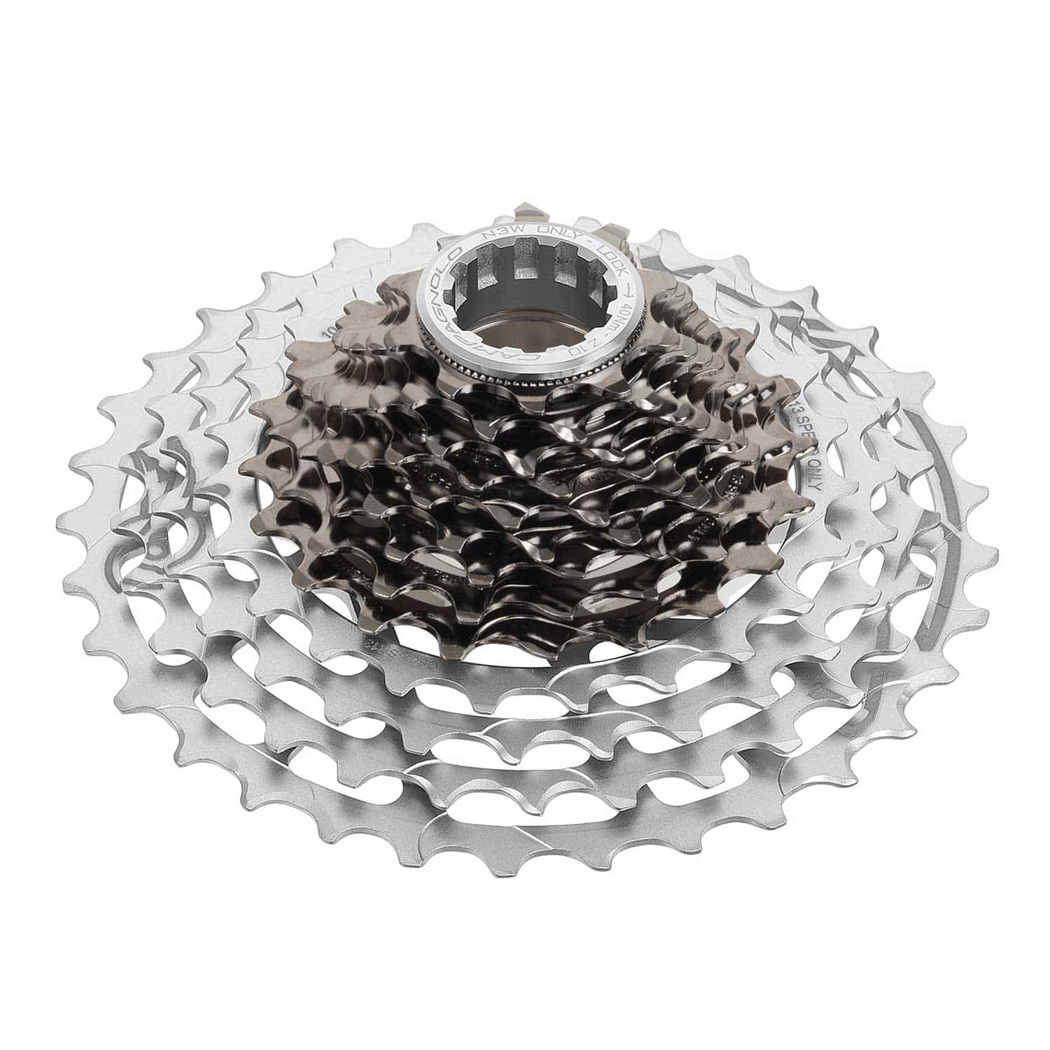 Campagnolo Super Record Ultra 13-speed cassette for high-performance cycling gear shifts, showing the metallic cogs and branding.