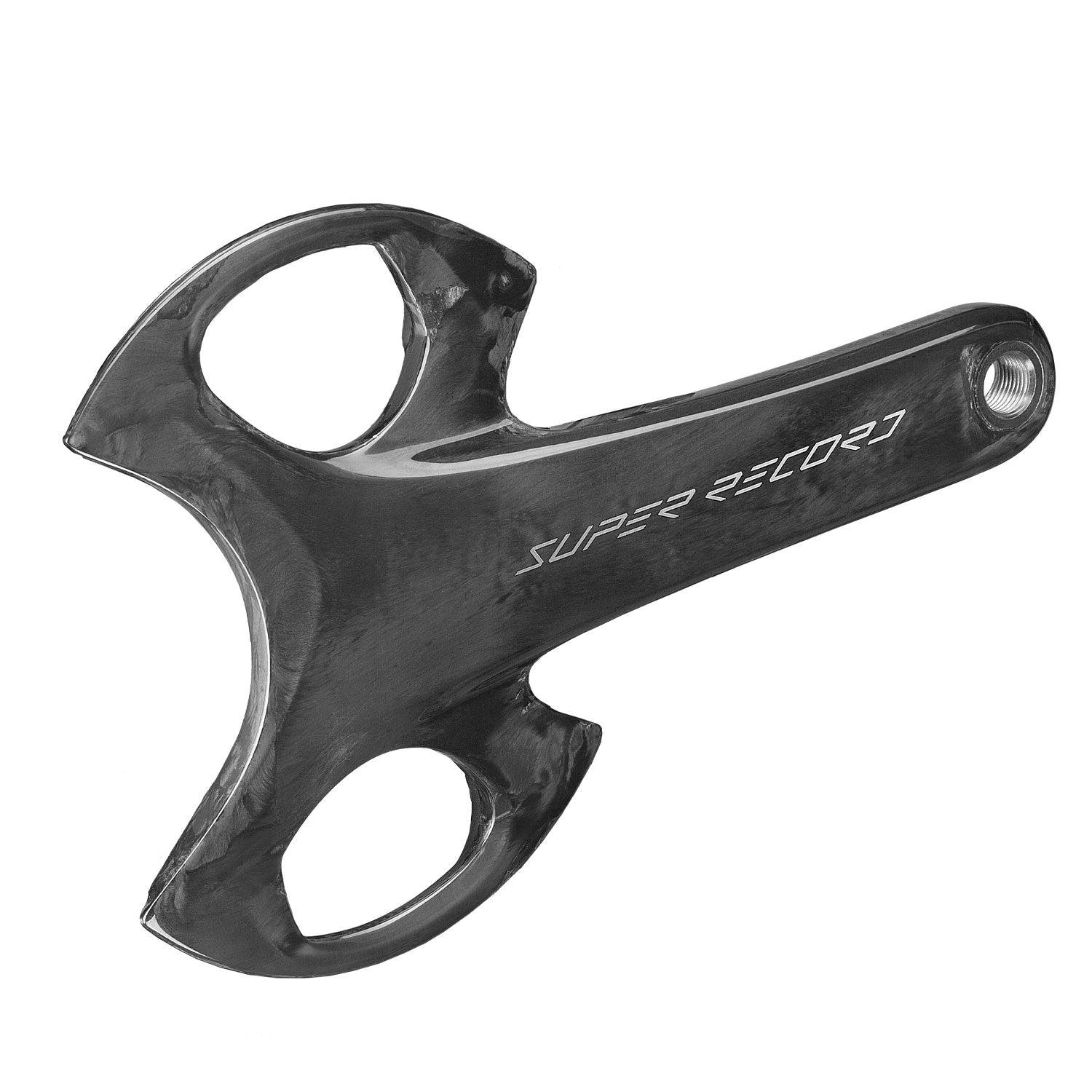 Campagnolo Super Record Wireless 13-speed carbon crank arms for road bikes, showcasing sleek black design and lightweight construction.