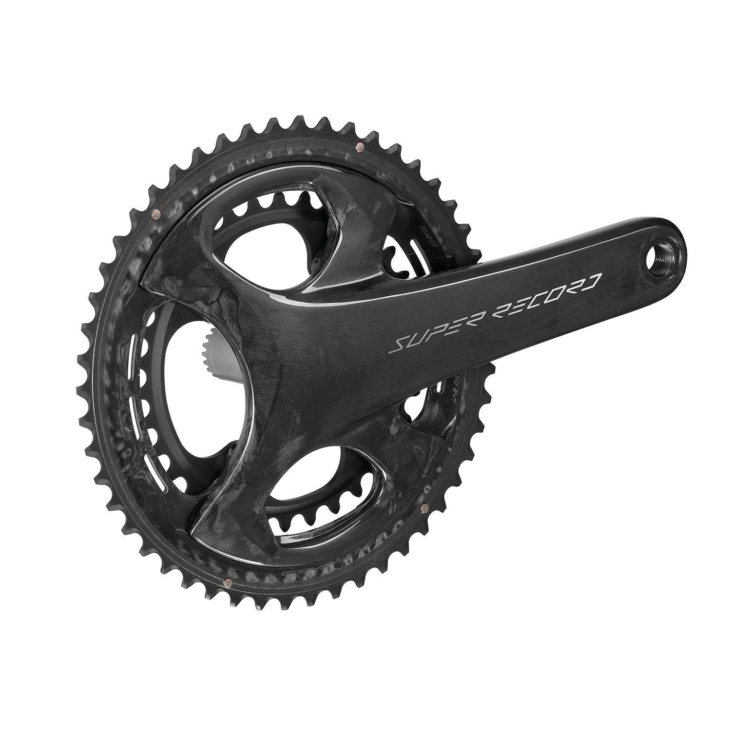 Campagnolo Super Record Ultra 13x road cycling chainring for electronic shifting, showing the sleek black component with gear teeth.
