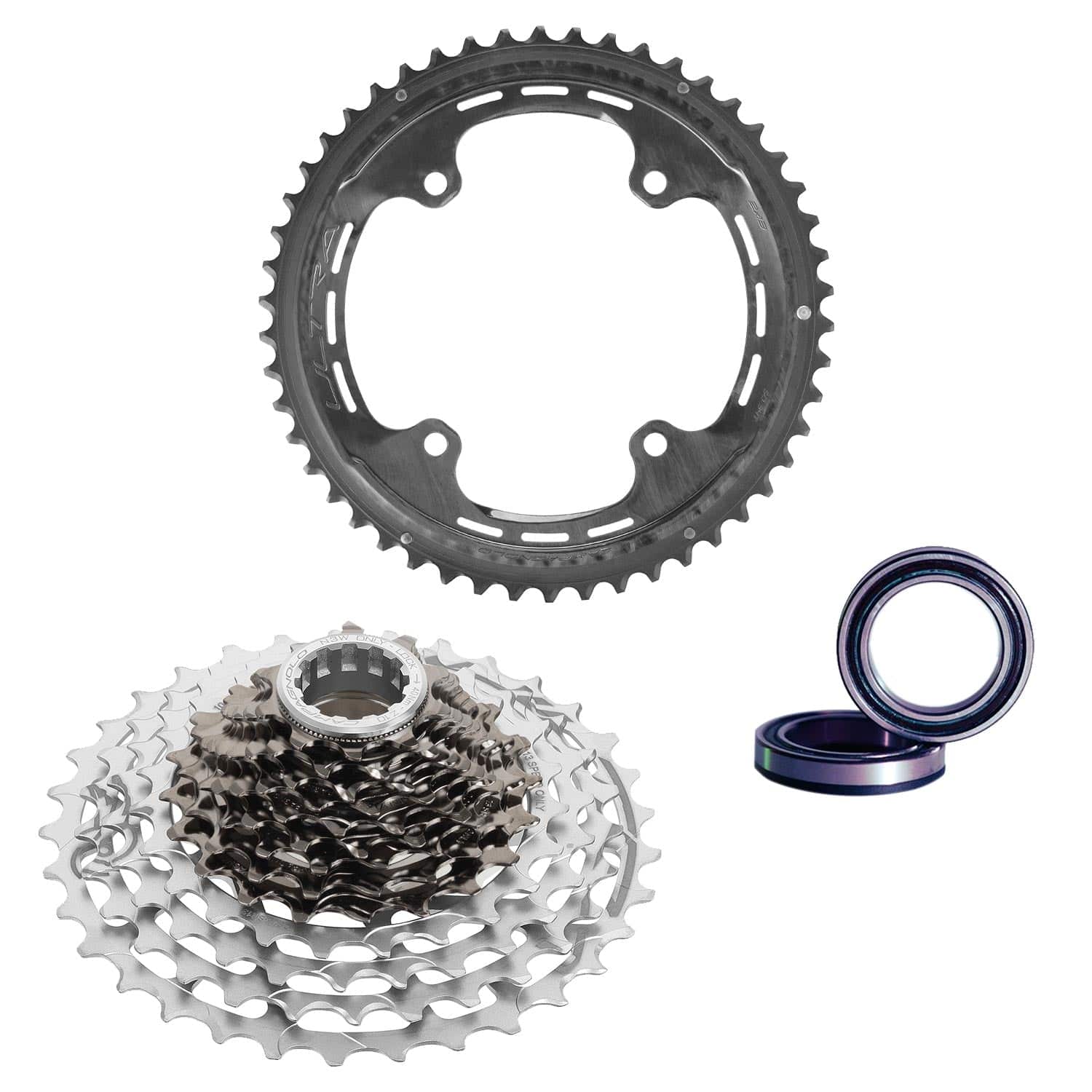 Campagnolo Super Record Ultra 13-speed cycling drivetrain components, including crankset, derailleur, and cassette, on white background.