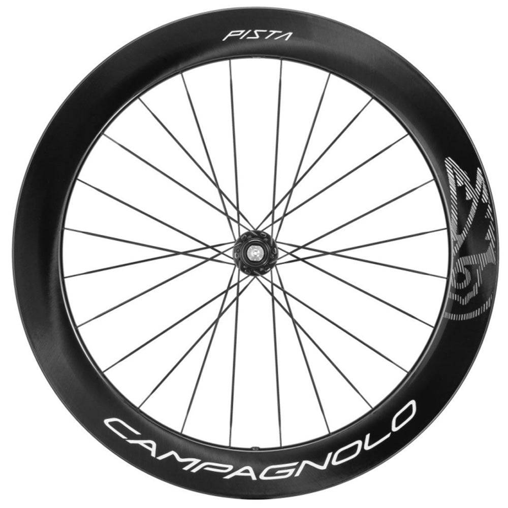 Campagnolo Pista 65 Carbon Track Wheels with 2-Way Fit and CULT Ceramic Bearings, showing the aerodynamic carbon rim and hub details.