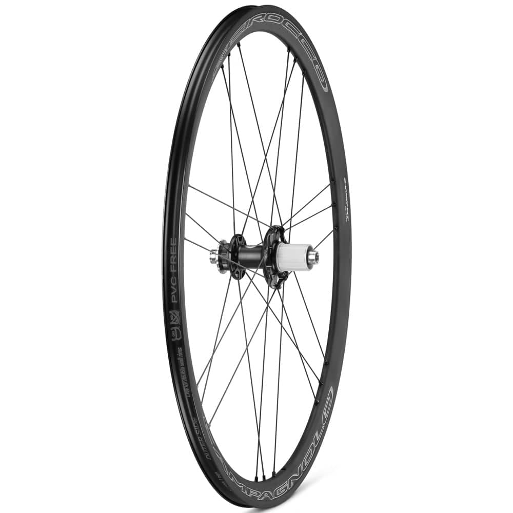 Campagnolo Scirocco DB Cl BT12 AFS road wheel with 33mm tubeless-ready rim, featuring sleek black components and alloy construction.