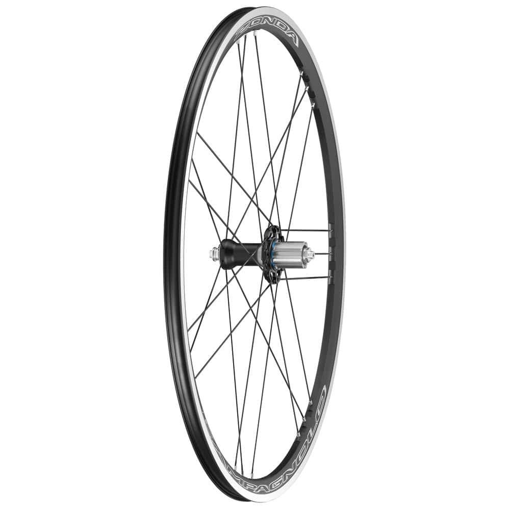 Campagnolo Zonda C17 road wheelset with 22.5mm wide rim for 25-28mm clincher tires, showing the wheel's lightweight design and braking surface.