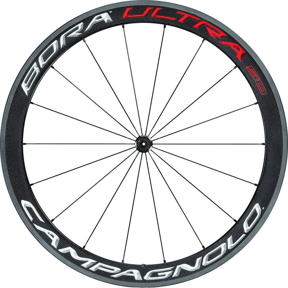 Campagnolo Bora Ultra 50 tubular road bike wheels with AC3 braking technology, showcasing lightweight carbon rims and aerodynamic design.