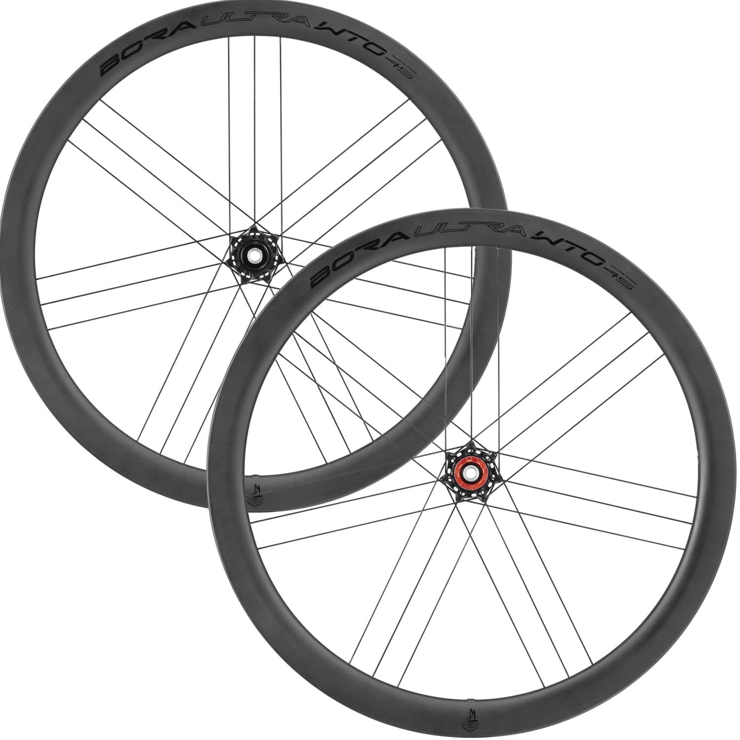 Campagnolo Bora Ultra WTO 45 C23 matte disc wheelset with 2-Way Fit technology, showcasing aerodynamic carbon wheels and disc brakes.
