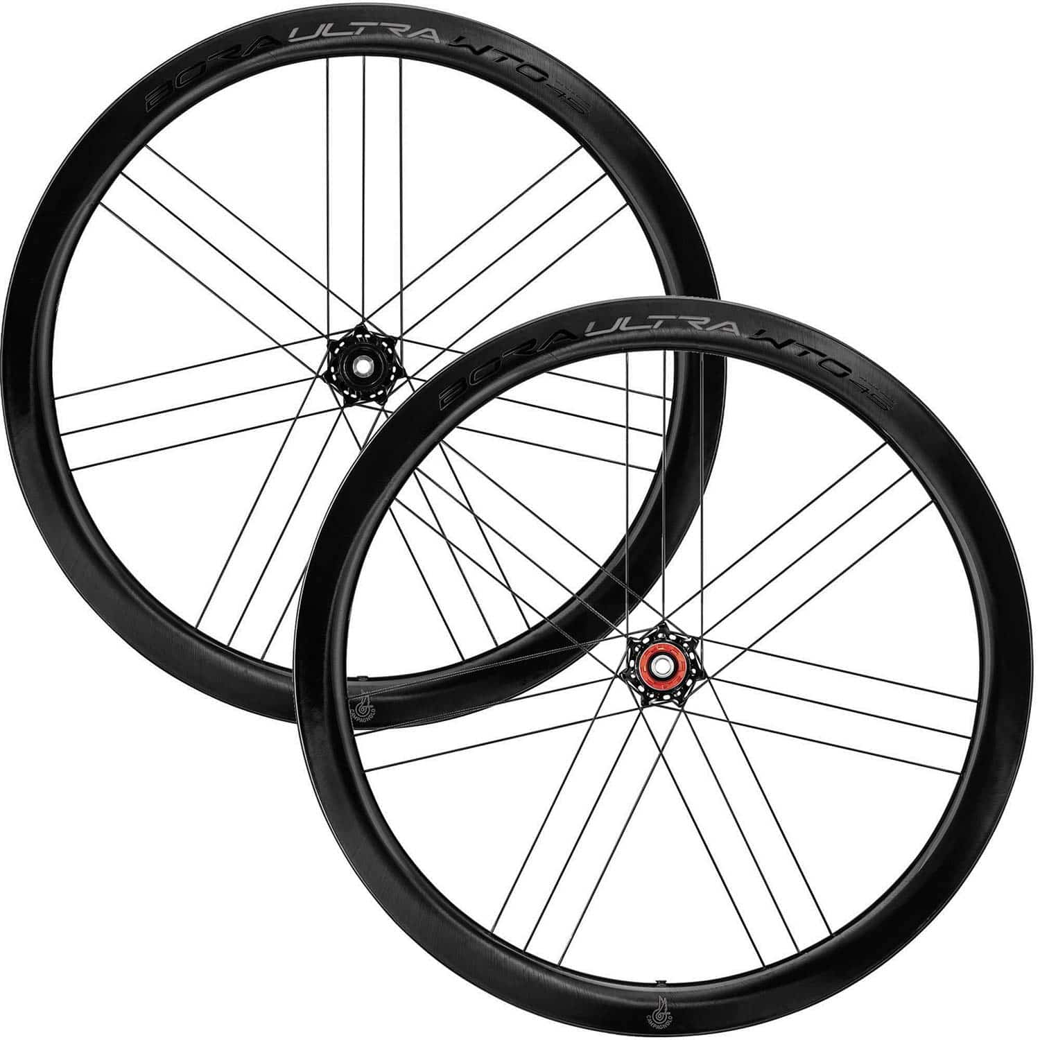 Campagnolo Bora Ultra WTO 45 C23 2-Way Fit disc road bike wheelset with chrome finish, showcasing lightweight aerodynamic components.